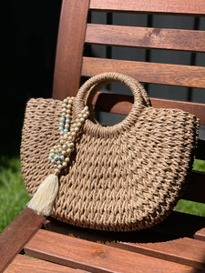 Boho Chic Cream Beaded Wooden Necklace with Turquoise & Gold Accents