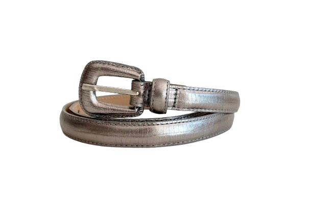 Silver Slim Genuine Leather Belt - Croc Effect