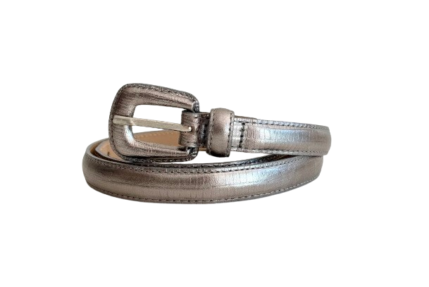 Dark Silver Slim Genuine Leather Belt - Croc Effect