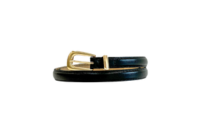 Black Genuine Leather Belt - Slim Gold Metal Buckle