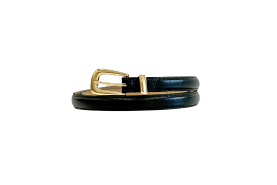 Black Genuine Leather Belt - Slim Gold Metal Buckle