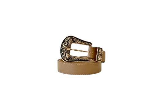 Beige Western Leather Belt with Gold Buckle Details