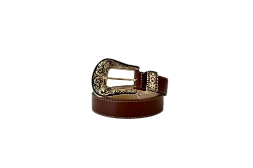 Coffee Western Leather Belt with Gold Buckle Details