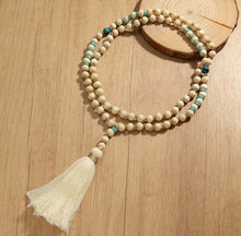 Load image into Gallery viewer, Boho Chic Cream Beaded Wooden Necklace with Turquoise &amp; Gold Accents