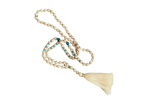 Boho Chic Cream Beaded Wooden Necklace with Turquoise & Gold Accents