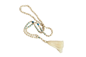 Boho Chic Cream Beaded Wooden Necklace with Turquoise & Gold Accents