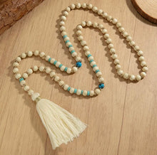 Load image into Gallery viewer, Boho Chic Cream Beaded Wooden Necklace with Turquoise &amp; Gold Accents