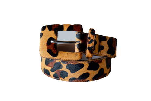 Leopard/ Animal Print - Rectangular Buckle Genuine Leather Belt