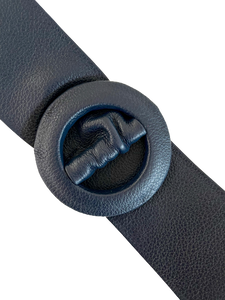 Navy - Covered Round Buckle Genuine Leather Belt