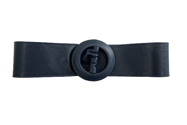 Navy - Covered Round Buckle Genuine Leather Belt