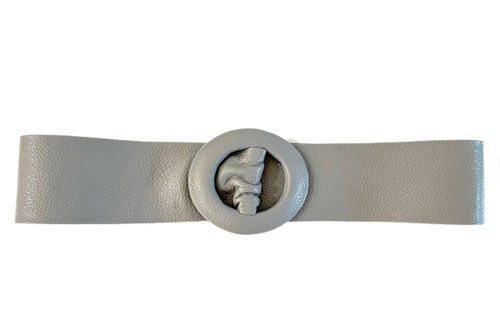 Grey- Covered Round Buckle Genuine Leather Belt