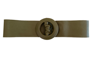 Dark Khaki Green - Covered Round Buckle Genuine Leather Belt