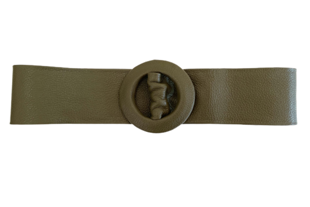 Dark Khaki Green - Covered Round Buckle Genuine Leather Belt