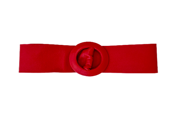 Red -Covered Round Buckle Genuine Leather Belt