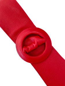 Red -Covered Round Buckle Genuine Leather Belt